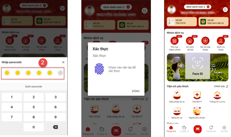Nhập passcode hoặc xác thực sinh trắc học